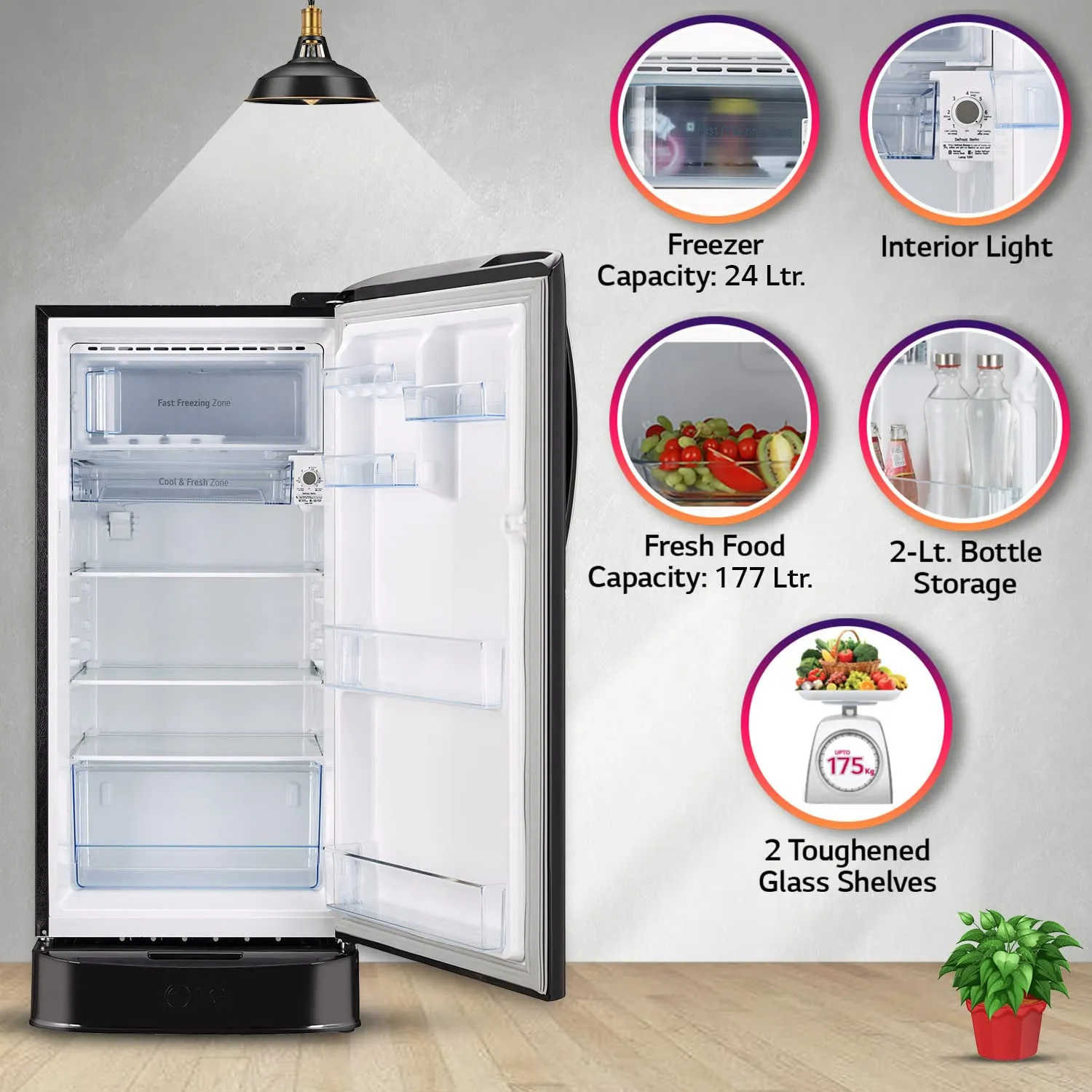 LG GL-D211HESZ 201 L 5 Star Direct-Cool Inverter Single Door Refrigerator ( Ebony Sheen, Base Stand with Drawer & Smart Connect, Gross Volume- 204 Ltr.)
