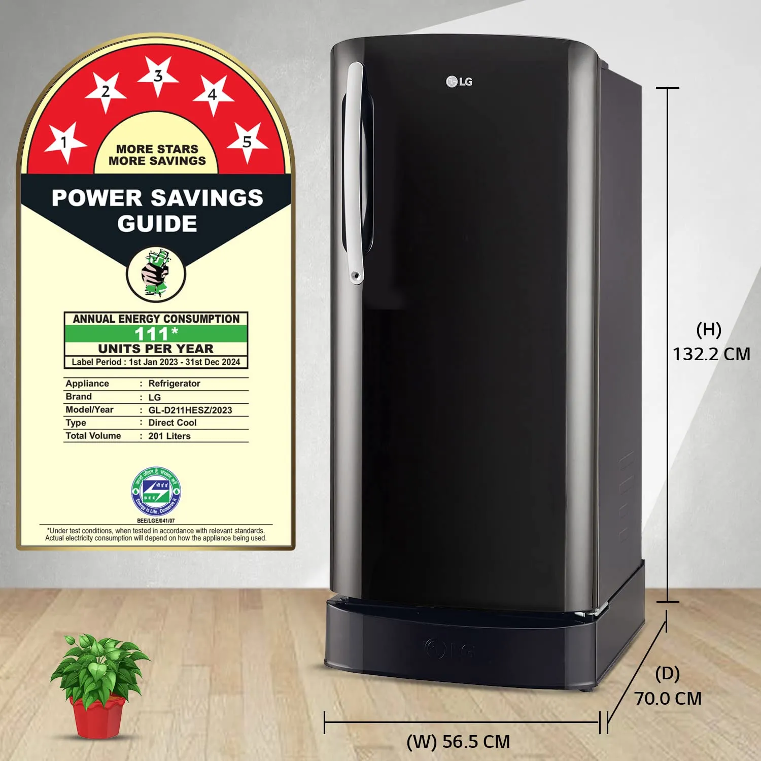 LG GL-D211HESZ 201 L 5 Star Direct-Cool Inverter Single Door Refrigerator ( Ebony Sheen, Base Stand with Drawer & Smart Connect, Gross Volume- 204 Ltr.)