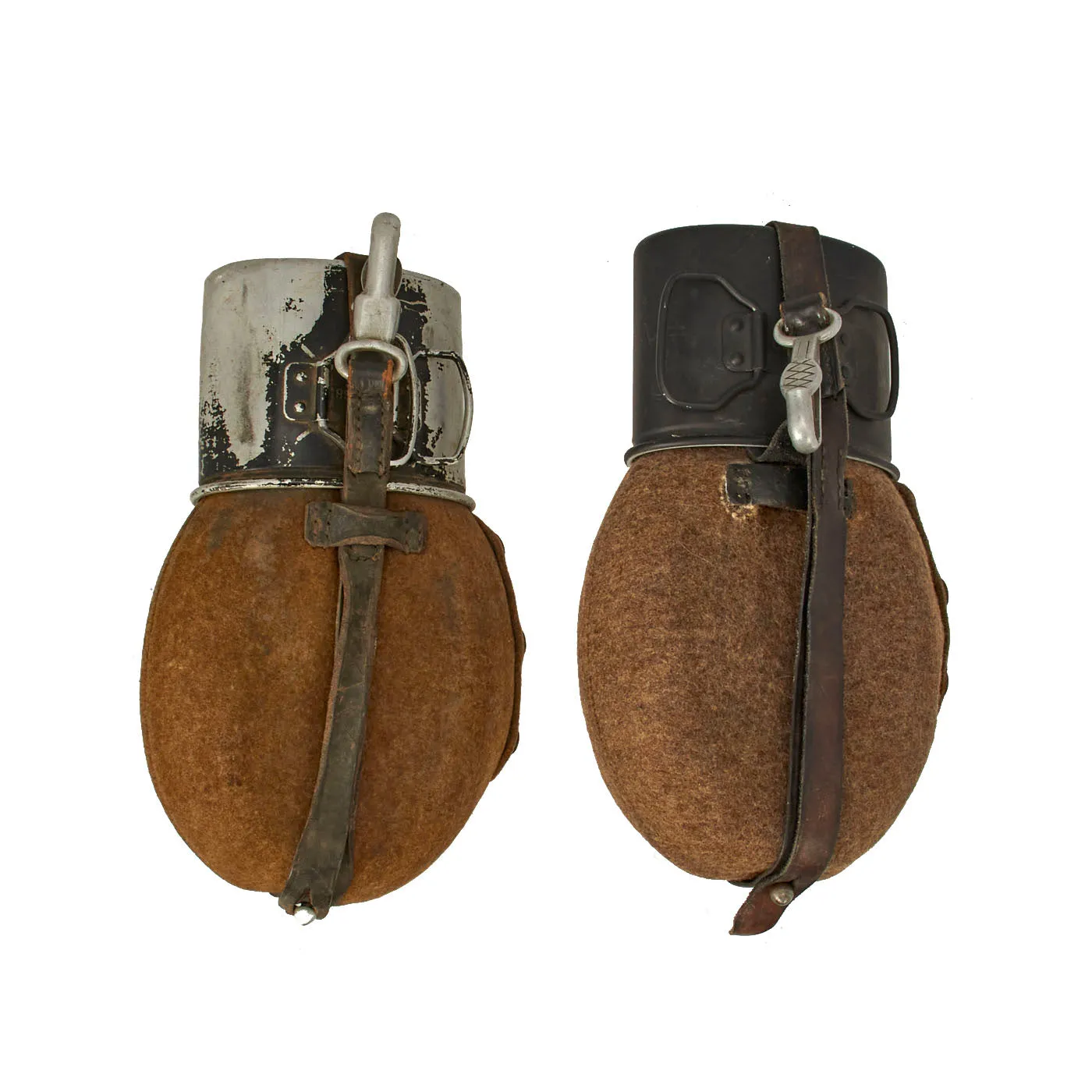 Original German WWII Lot of 2 Aluminum M31 Canteens with Large Aluminum Cups and Belt Straps